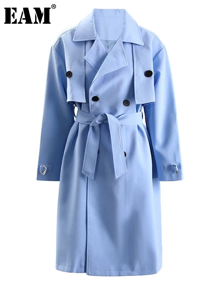 

[EAM] Women Blue Belted Irregular Big Size Trench New Lapel Long Sleeve Windbreaker Fashion Tide Spring Autumn 2024 CPG1306