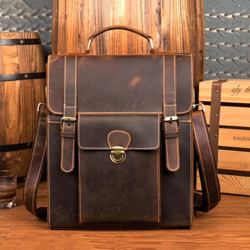 

New Crazy Horse Genuine Leather Business Men's Briefcase Women's Vintage Handbag Backpack One Shoulder Satchel 14 Inch Tablet