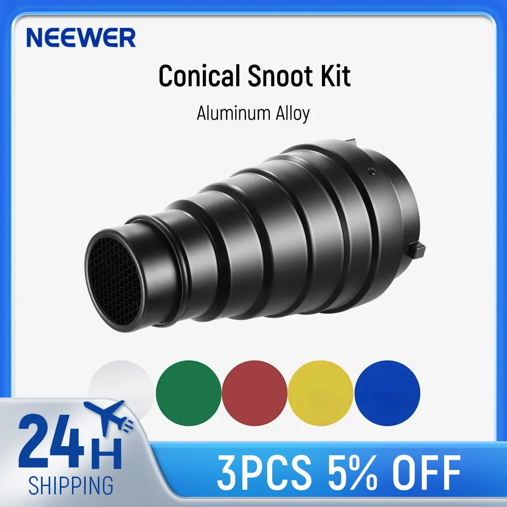 Neewer Aluminum Alloy Conical Snoot Kit with Honeycomb Grid and 5pcs Color Gel Filters for Studio Strobe Monolight Photography
Neewer Aluminum Alloy Conical Snoot Kit with Honeycomb Grid and 5pcs Color Gel Filters for Studio Strobe Monolight Photography