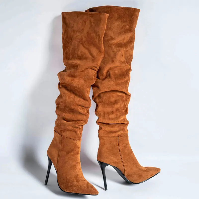 

Brown Faux Suede Sexy Pleated Design Women Overknees Pointed Toe Super Thin High Heels Over-the-knee Boots Size Big Size 46 47