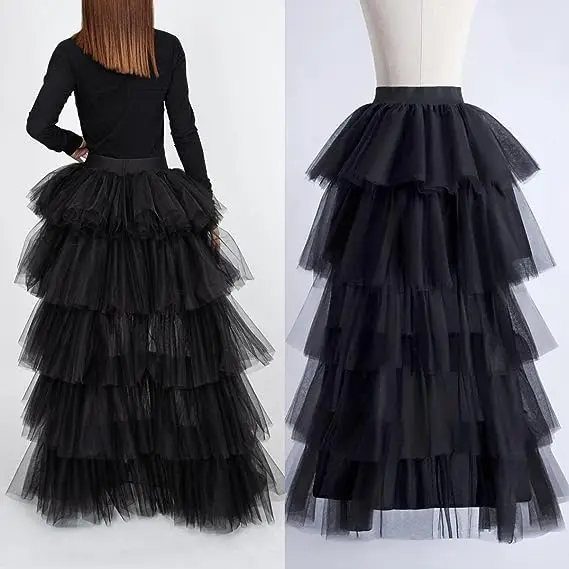 

Women's Mesh Long Tiered Skirt Sweet Elastic Waist Tulle Layered Ruffles Princess Petticoat High Low Tutu Skirts For Prom Party