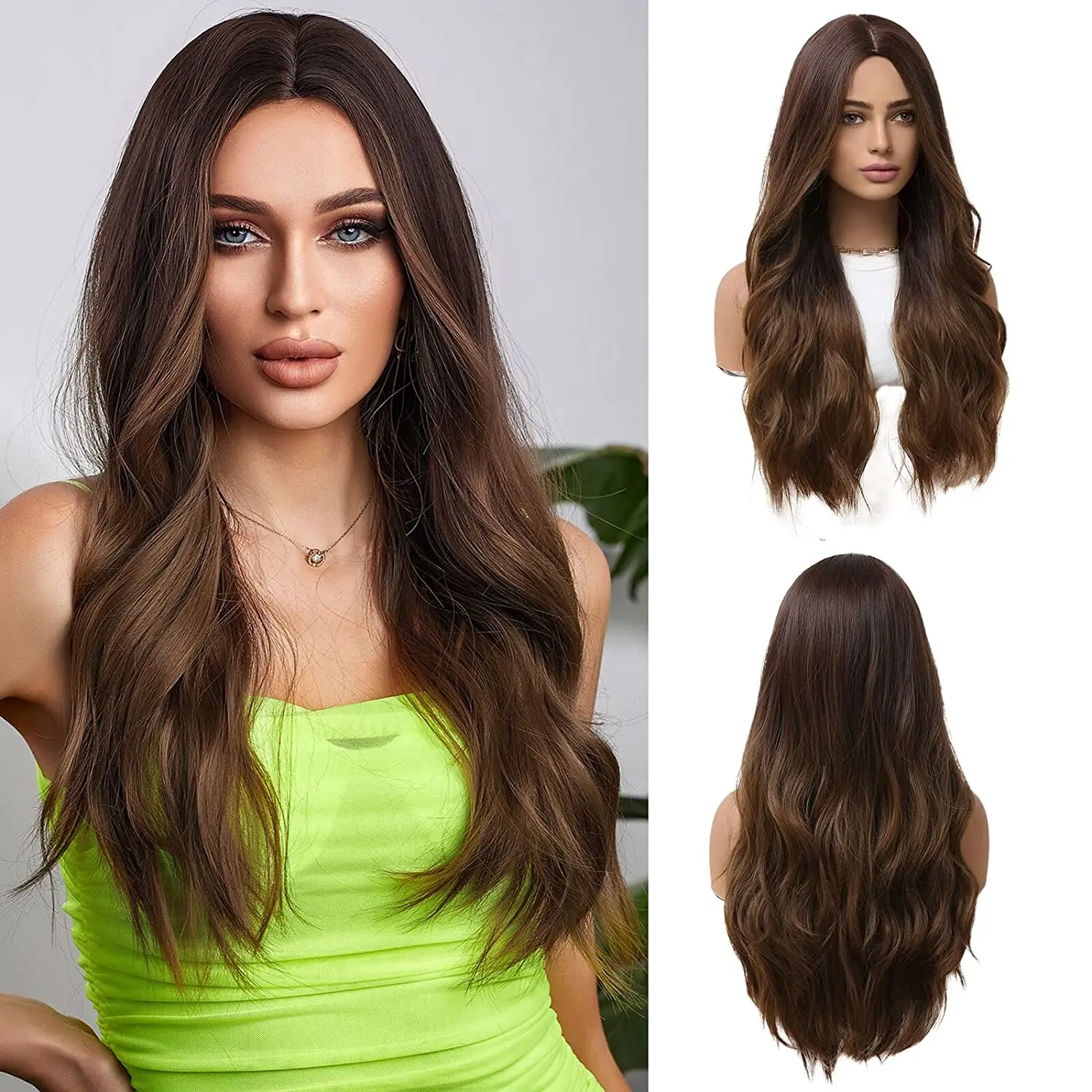 

26 Inch Long Ombre Brown Color Wigs for White Women Synthetic Middle Parting Natural Wavy Curly Wigs for Daily Use