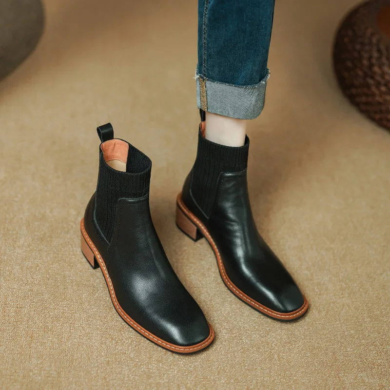 

Женские ботинки челси из натуральной кожи на среднем каблуке, однотонные элегантные сращивающиеся ботинки без шнуровки, с квадратным носком, для верховой езды, Осень-зима