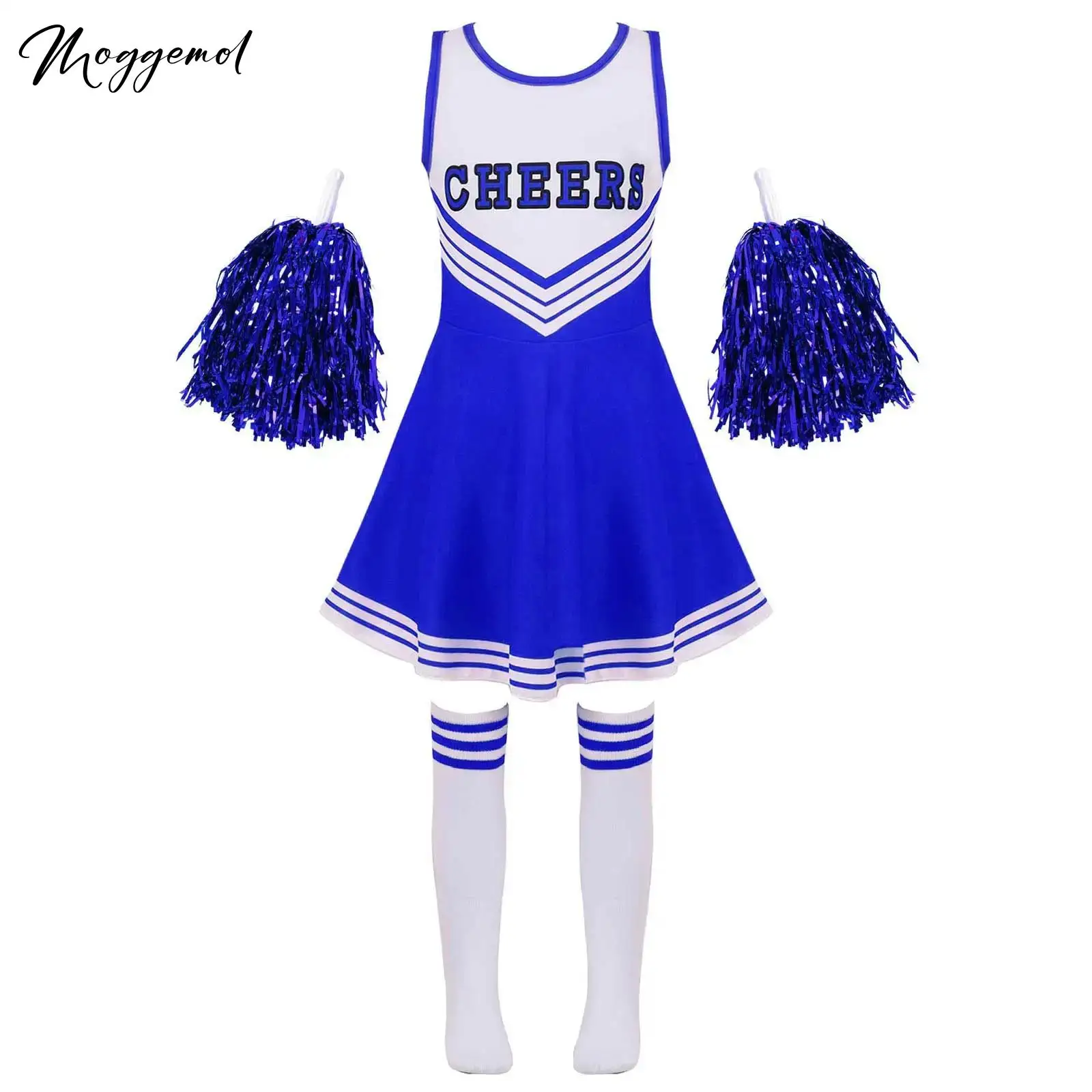 

Kids 3Pcs Cheerleading Costume School Girls Cheerleader Uniforms Cheer Dance Outfits Festival Cosplay Dress with Socks Flower