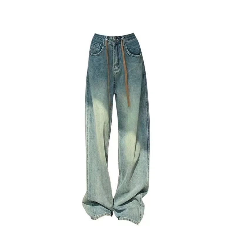 

Women's Spring Autumn Fashion Drawstring Retro Tie Dyed Denim Korean Versatile Casual Straight Leg Pants Wide Leg Mop Pants