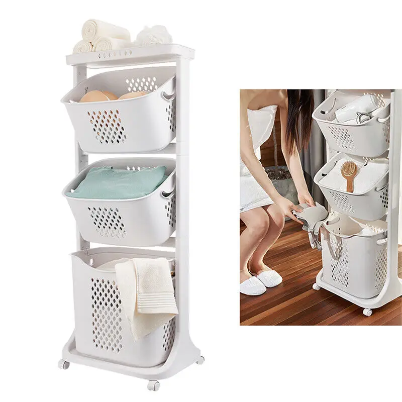 

3 Tier Laundry Rack Rolling Cart with Basket, Freestand Laundry Hamper Basket Sorter