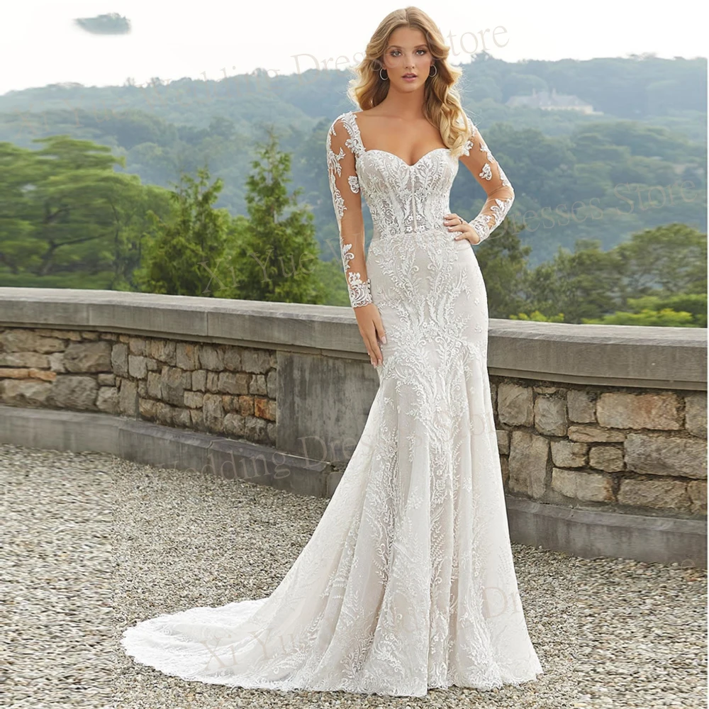 

Charming Sweetheart Mermaid Sexy Slim Wedding Dresses Lace Appliques Bride Gowns With Detachable Full Sleeve Vestido De Novias