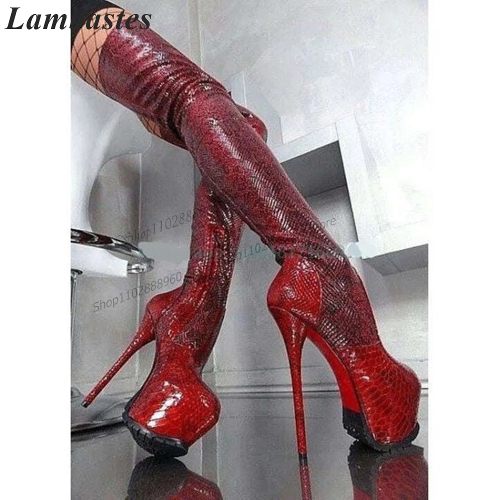 

Thigh High Red Leather Snake Skin Platform Boots Stilettos High Heel Women Shoes Side Zipper Round Toe 2023 Zapatillas Mujer