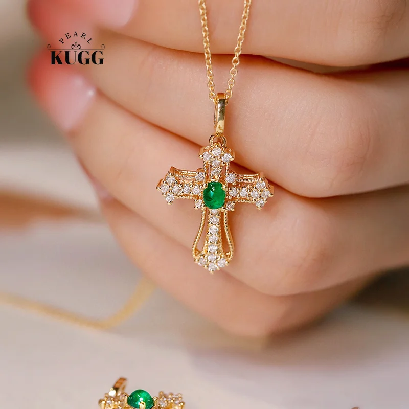 

KUGG 18K Yellow Gold Necklace Romantic Style Cross Pendant Real Natural Emerald Necklace for Women High Shiny Diamond Jewelry