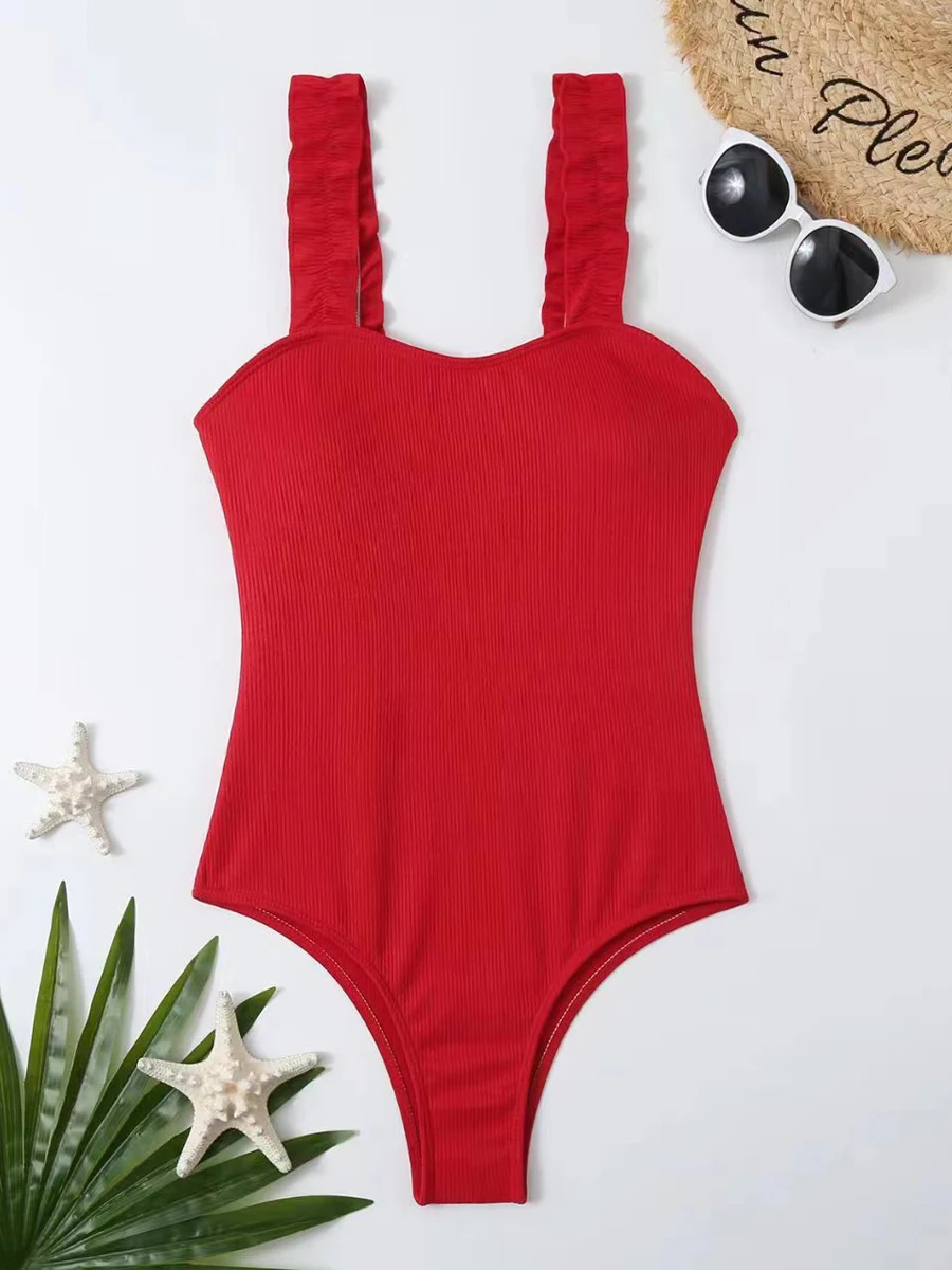 

2023 Solid Strape Swimsuit Women One Piece Ruffle Swimwear Female Bathers Bathing Suit Padded Beachwear Swimming Summer Bodysuit
