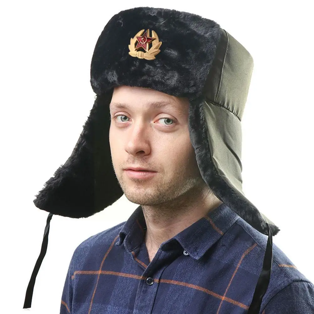 

1PC Soviet Army Military Badge Russia Ushanka Bomber Rabbit Earflap Trapper Hats Hat Faux Winter Men Caps trooper Fur