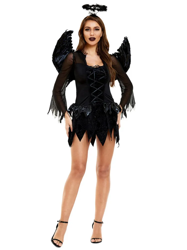 

Halloween Costume For Women Dark Angel Cosplay Costumes Girl Devil Fallen Angel Lucifer Uniform Dress Wings Set Party Performan