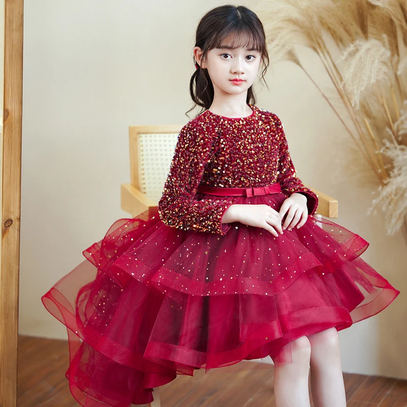 

Children Luxury Birthday Party Wine Red Dress for Little Girls Champagne Tulle Sequins Dresses Kids Evening Pageant Short Gowns