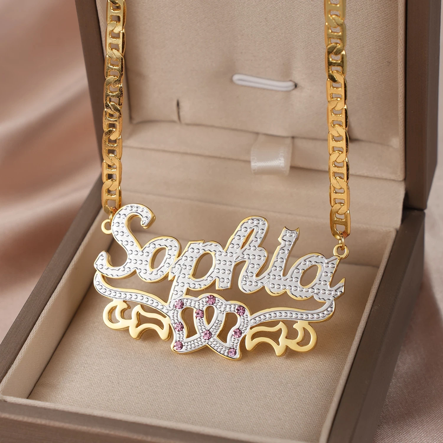 

Dascusto Personalized Nameplate Name Necklace Custom 3D 18KGold Plated Double Diamond Choker Pendant Two-Tone Chain For Women