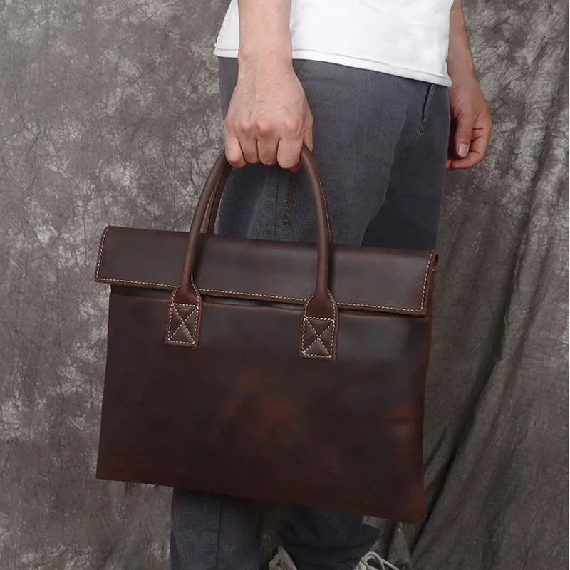 

Genuine Leather Briefcase Bag For Men Crazy Horse Cowhide Executive Laptop Office Handbag Tote Business Document Vintage