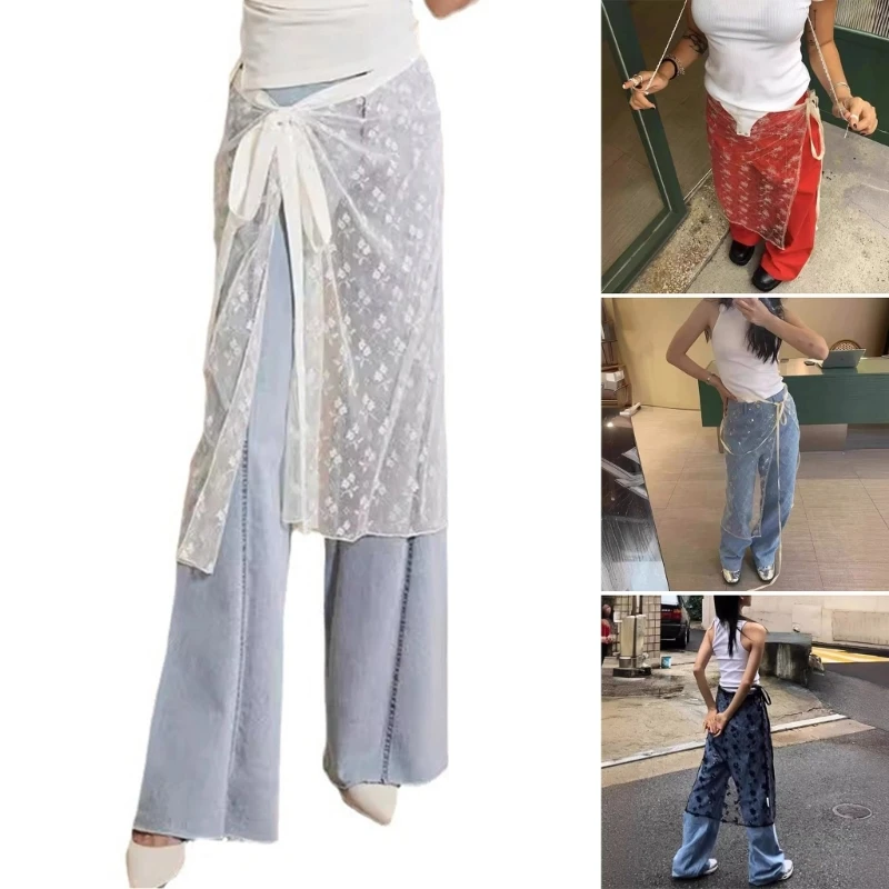 

Vintage Sequins Flower Lace Long Skirt Hip Scarf for Women Self Tie Up Aesthetic See Through Apron Covering Overskirt