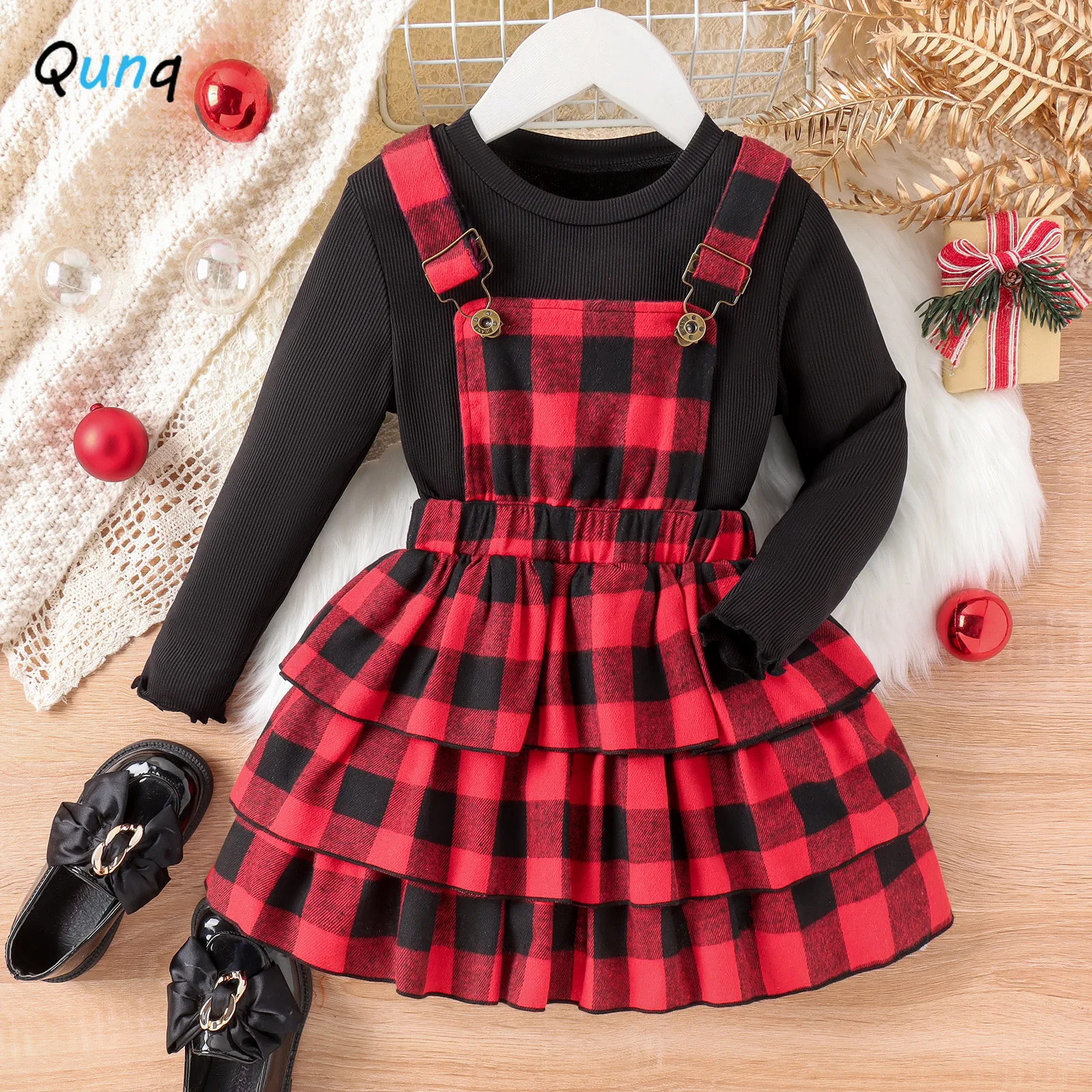 

Qunq 2023 Autumn Winter New Girls Solid O Neck Long Sleeve Top + Plaid Suspenders 2 Pieces Set Casual Kids Clothes Age 3T-8T