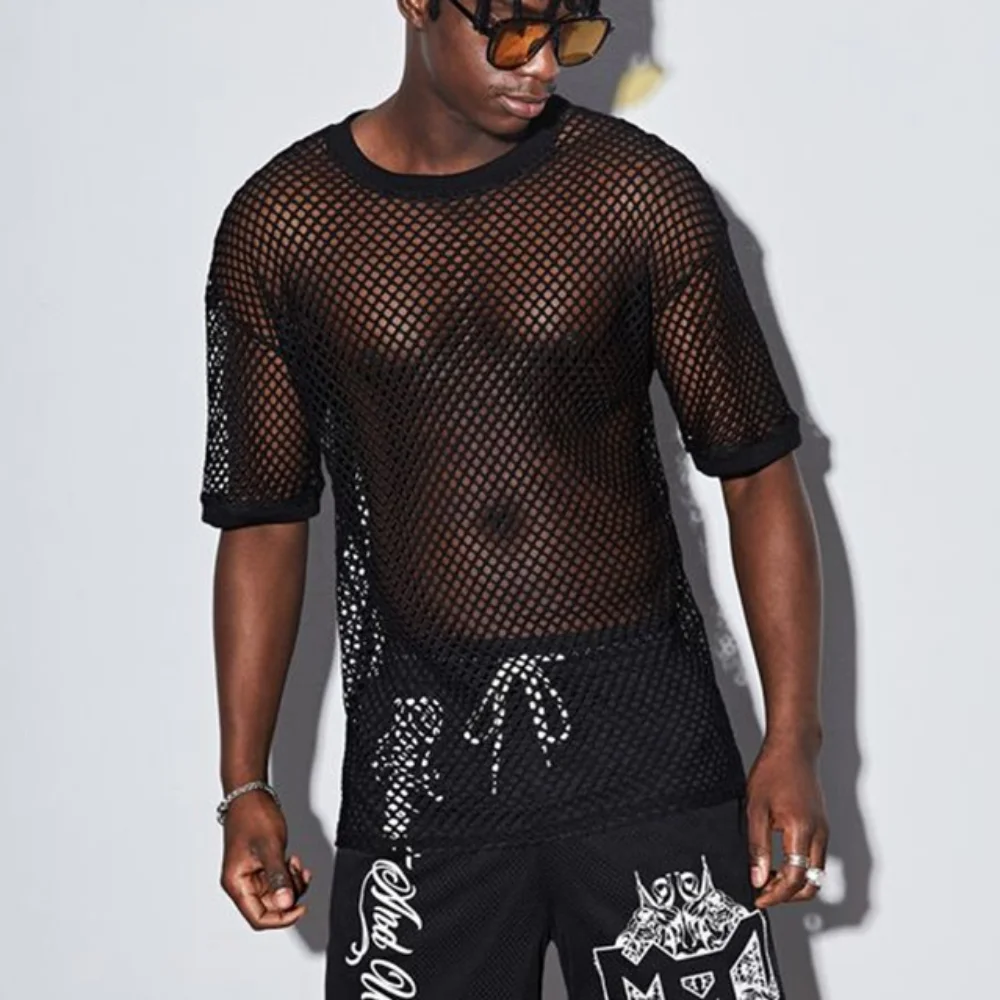 Men's T Shirt Personality Bottom Shirt Hollowed-out Top Fish Mesh Perspective Short-sleeved T-shirt Streetwear Men Fashion Tops
Men's T Shirt Personality Bottom Shirt Hollowed-out Top Fish Mesh Perspective Short-sleeved T-shirt Streetwear Men Fashion Tops
