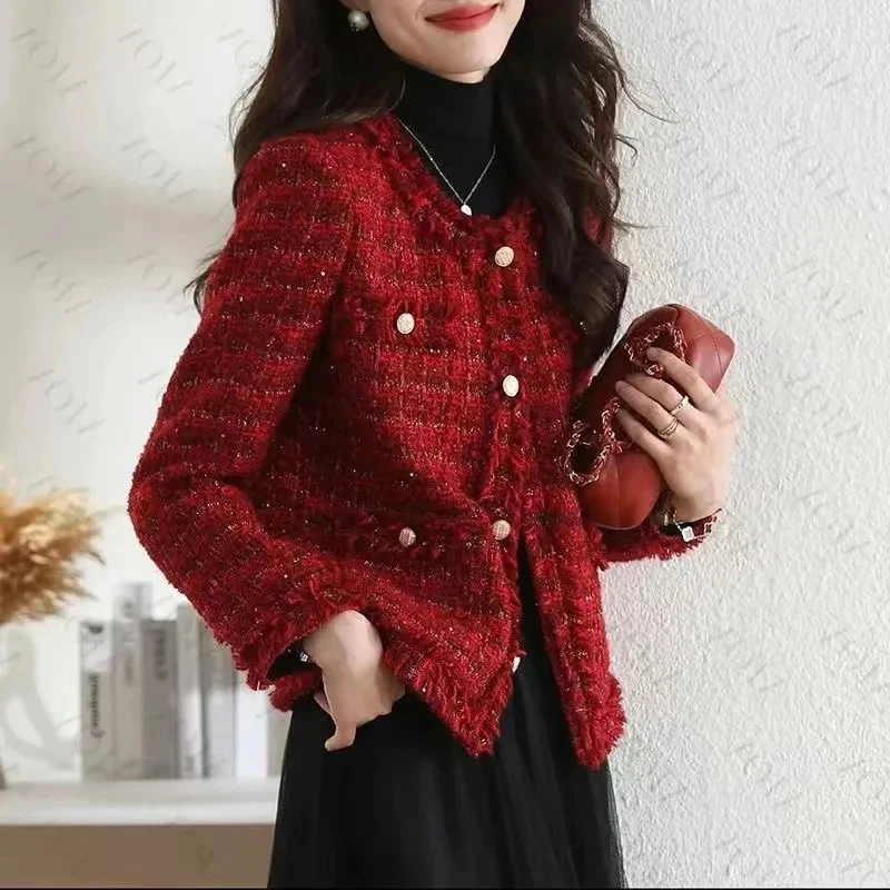 

Женская твидовая куртка с коротким рукавом, элегантная однобортная куртка красного цвета, Осень-зима 2023
