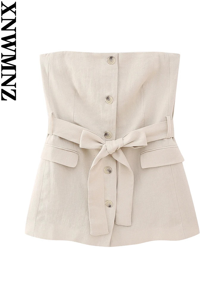 

XNWMNZ Women's Fashion Strapless Linen Blend Belt Top or Contrast Mid Waist Zipper Pants High Street Female Two Piece Set