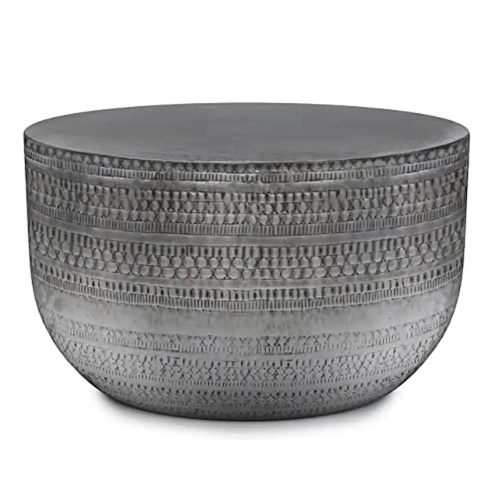 Antique Silver Metal Coffee Table Round Handcrafted Iron Textured Detail 30 Inch Wide 
Antique Silver Metal Coffee Table Round Handcrafted Iron Textured Detail 30 Inch Wide