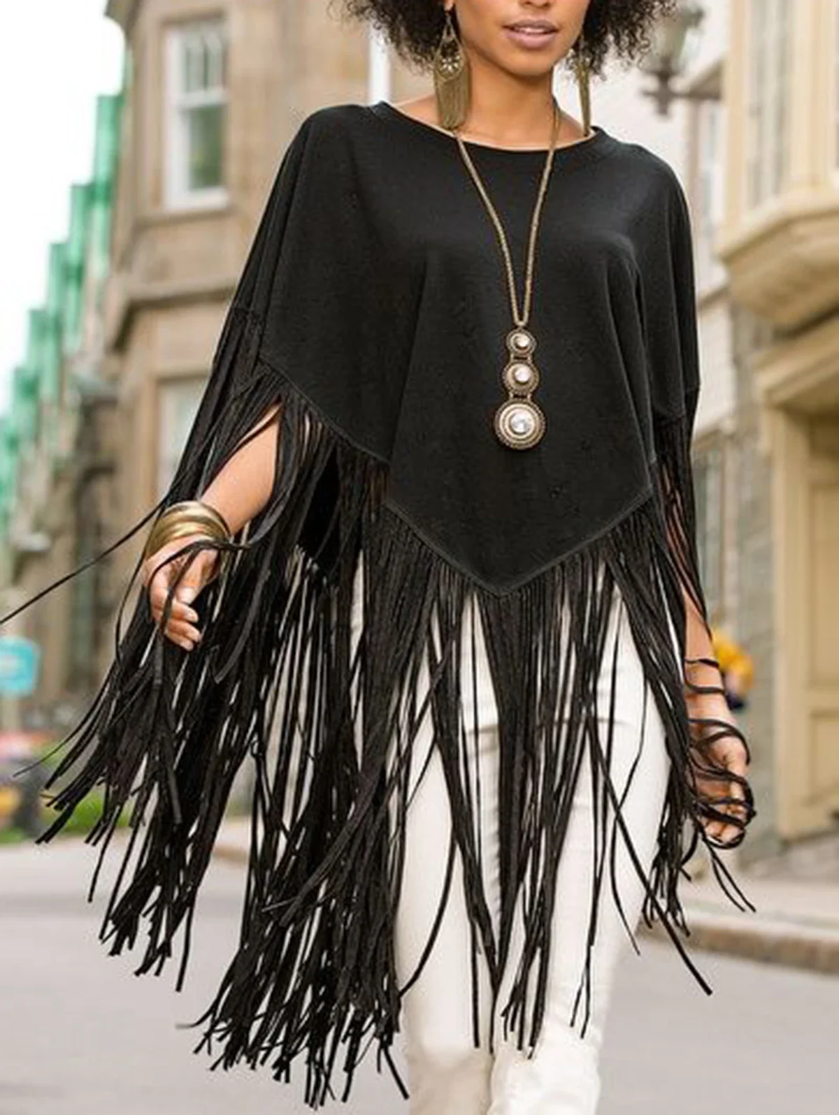 

Women's Smock Top Crew Neck Fringed Solid Loose Asymmetric Hem Elegant Vintage Solid Casual Autumn Fashion Tassel Cape Top 2024