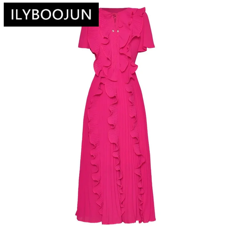 

ILYBOOJUN 2024 Summer Fashion Designer Vintage Women Dress Ruffled Ruched Design Strap Short Sleeve Elegant Big Swing Midi Dress