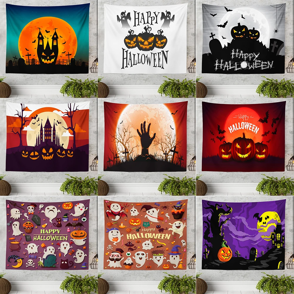 

Horror Pumpkin Witch Halloween Series Printed Tapestry Home Living Room Bedroom Wall Decoration Background Fabric