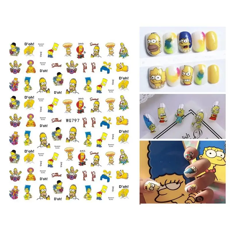 

1PCS Simpson 3D Anime Character Back Adhesive Nail Sticker Disney Mickey Stitch Winnie the Pooh Cartoon Stickers Nail Slider