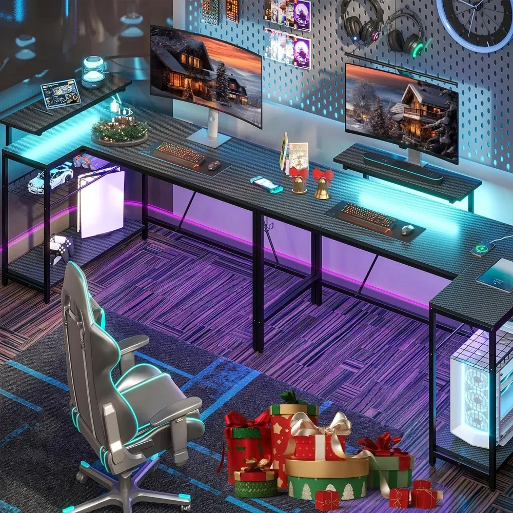 

58 L Shaped Gaming Desk With LED Lights & Power Outlets Larger PC Workstation With Hooks for Studying Study Table Desktops Gamer