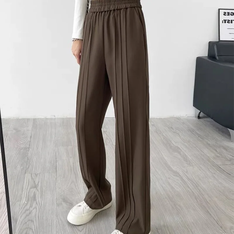 

Autumn Office Lady Pleated Solid Color Elastic Waist Straight Women Clothing All-match Pants Skinny High Waist Trousers