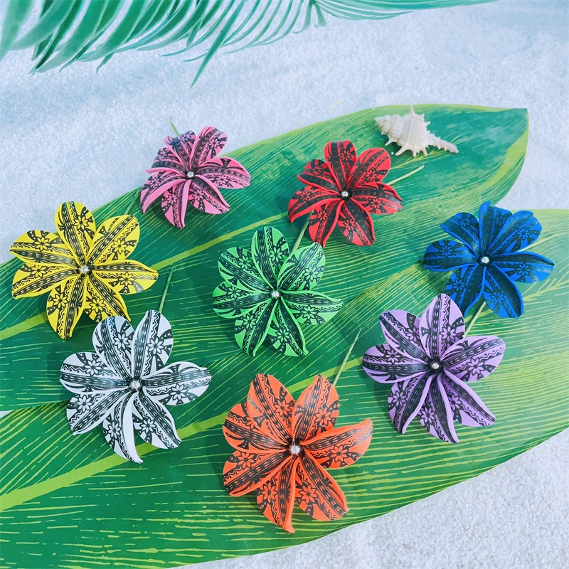 

8PCS New Design 9CM Foam Print Tiare Flower Hair Stems With Pearl for Women Tropical Island Hawaiian Polynesian Party Hair Clip