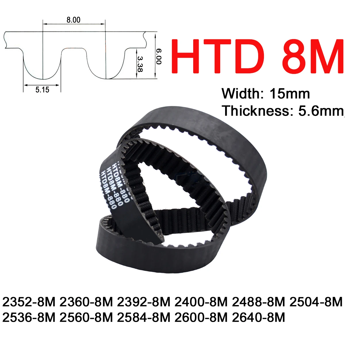 1Pc Width 15mm 8M Rubber Arc Tooth Timing Belt Pitch Length 2352 2360 2392 2400 2488 2504 2536 2560 2584 2600 2640mm Drive Belt
1Pc Width 15mm 8M Rubber Arc Tooth Timing Belt Pitch Length 2352 2360 2392 2400 2488 2504 2536 2560 2584 2600 2640mm Drive Belt