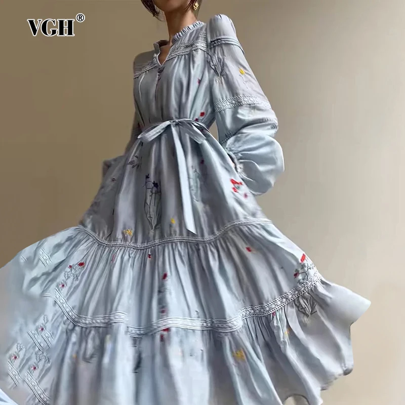 VGH Hit Color Patchwork Embroidery Dresses For Women V Neck Long Sleeve High Waist Spliced Lace Up Casual Dress Female Fashion
VGH Hit Color Patchwork Embroidery Dresses For Women V Neck Long Sleeve High Waist Spliced Lace Up Casual Dress Female Fashion