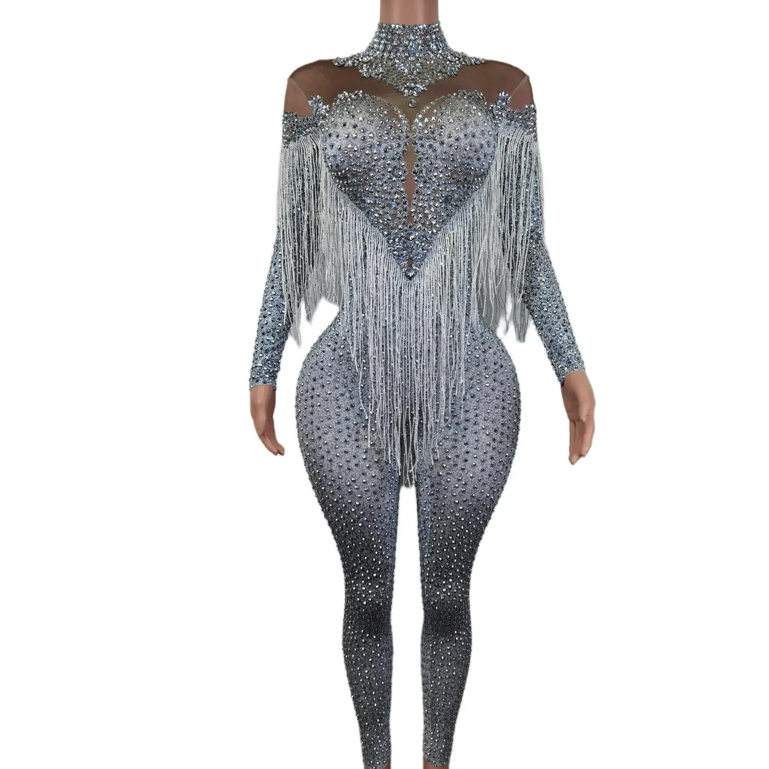 

Sparkly Rhinestone Sleeved Tassel Jumpsuit Elegant Ballet Luxury Women's Dance Costume Sexy Stage Singer Party Nightclub Yiwan