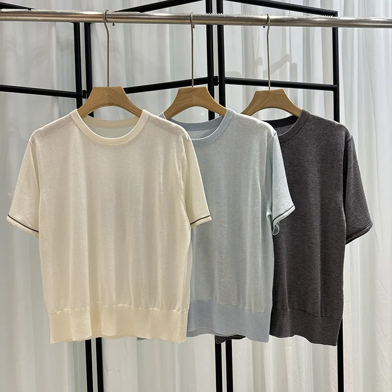 

4 Colors Women Cashmere Silk Blends Knitted Tshirt Beading Chain Round Neck Female Thin Short Sleeve T-Shirt Knitwear