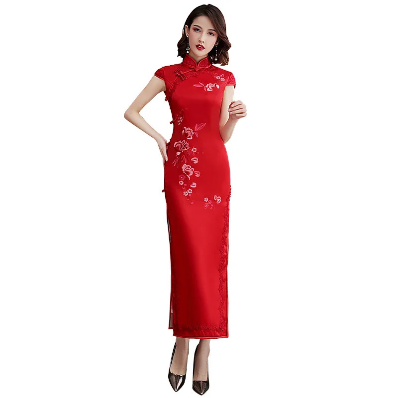 

Sheng Coco Women Chinese Traditional Dresses Silk Embroidered Long Cheongsam New Lace Edge Oriental Chinese Style Qipao Dress