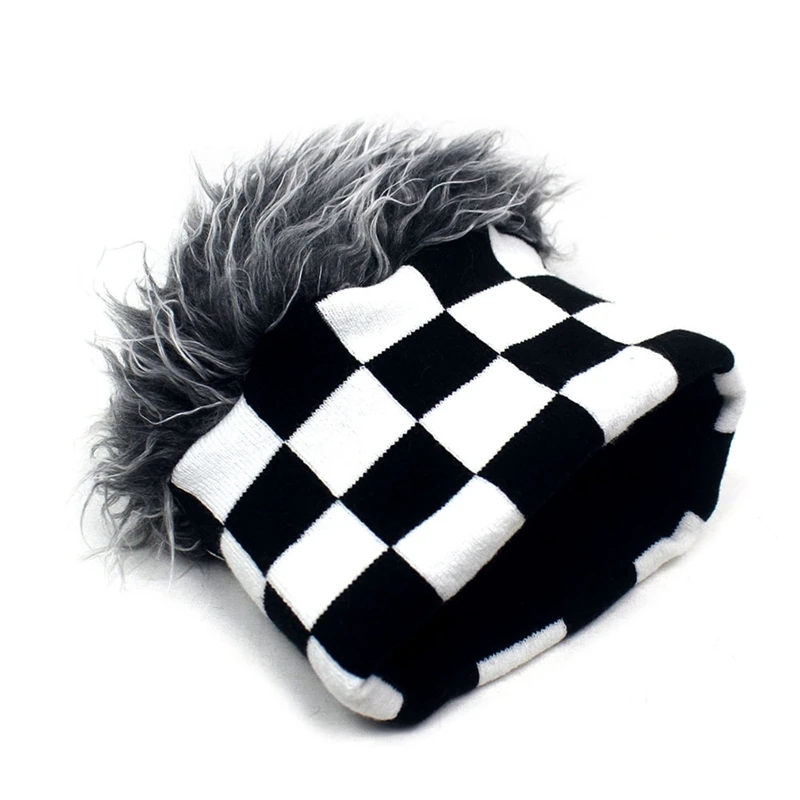 

Autumn and Winter Men's Youth Headwear Personality Funny Hip-hop Hat Plaid Stripe Prinetd Knitted Elastic Beanise Hat with Wig