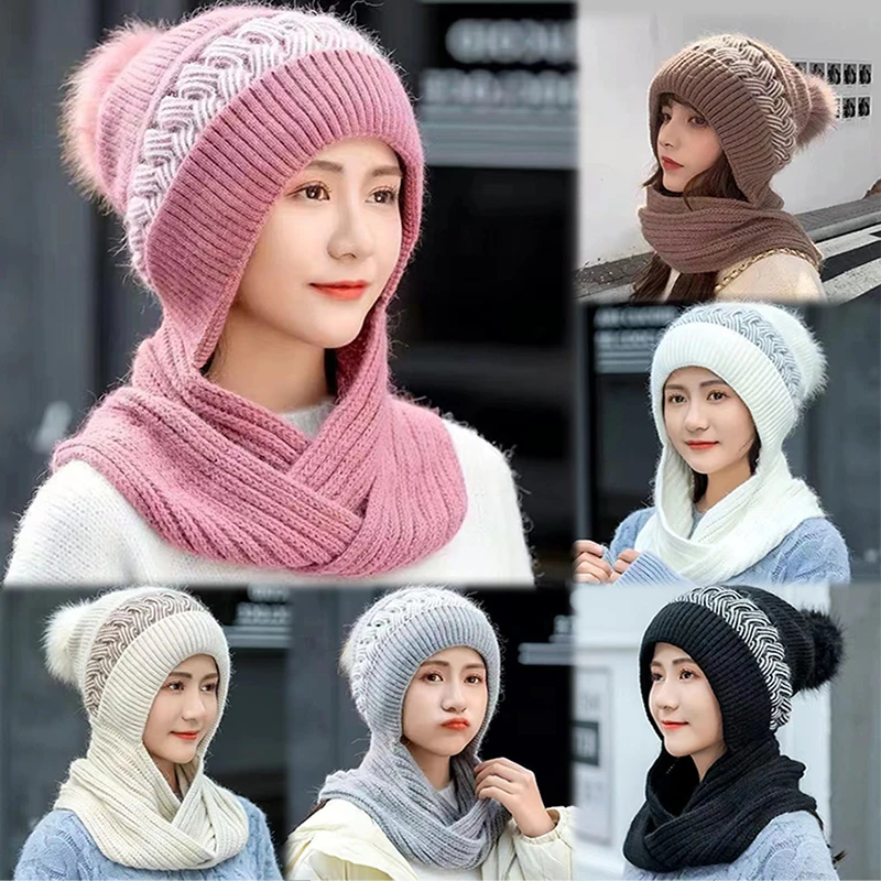 

Winter Thick Warm Fleece Lined Beanies Scarf Set Women Girl Pompom Knitted Wool Hood Skullcap Female Outdoor Ski Bonnet Hat
