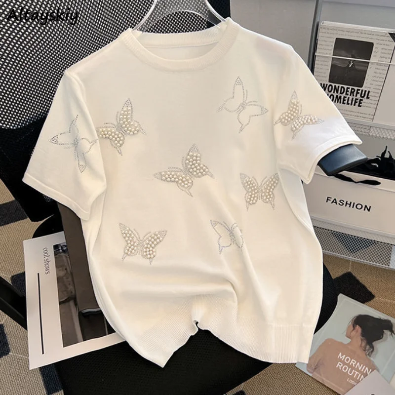 

Casual Joker lazy wind hot drilling butterfly beading thin short-sleeved T-shirt Europe 2023 summer women's new style.