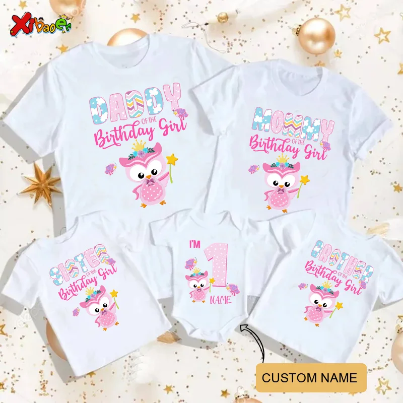 

2023 Birthday T Shirt Matching Family Outfits Lovable Owl Printing TShirts Kids Party Custom Name T-Shirt Clothes Family Look