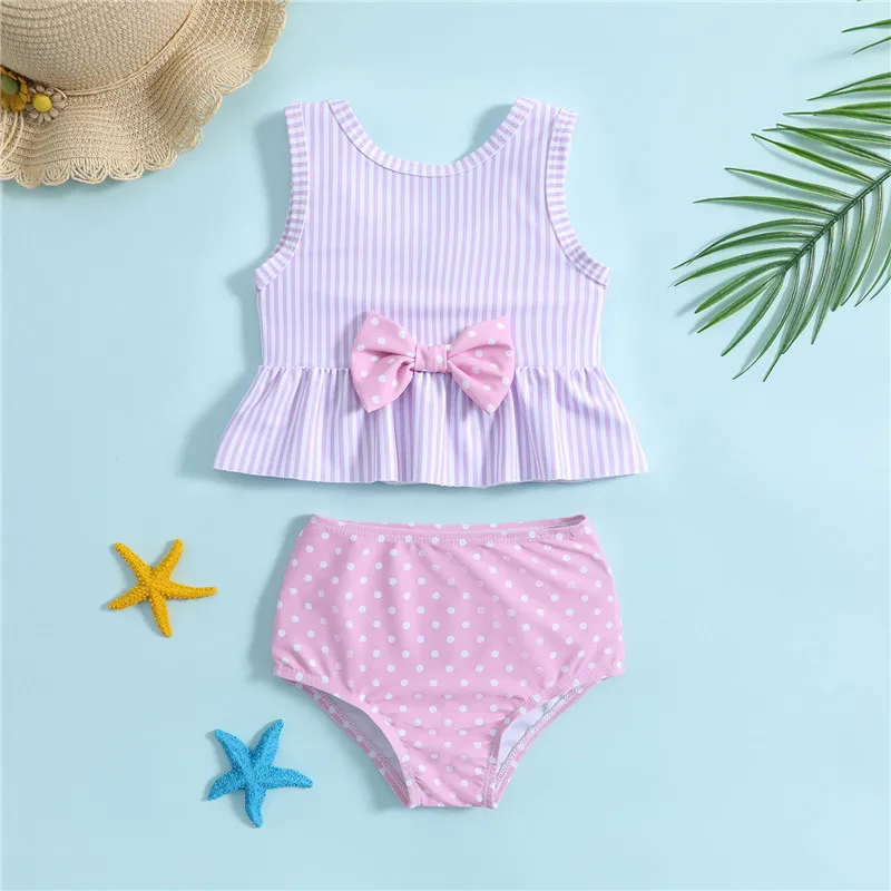 

Модный популярный весенний пляжный купальный костюм в полоску, розовый купальный костюм бикини для 6 месяцев-4 лет, летний купальник, комплект из двух предметов, 2023