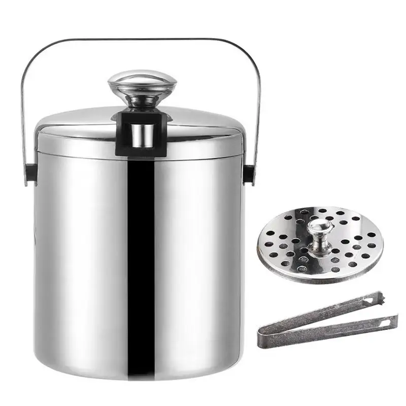 

Ice Bucket Insulated Stainless Steel Double Walled Ice Bucket 1.3L With Tong Lid And Strainer Whiskey Chilling Beer Wine Cooler