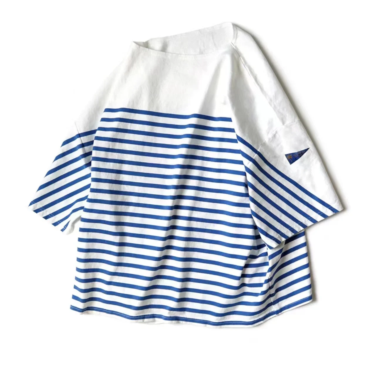 

22SS KAPITAL Hirata Hiroshi Blue and White Striped Color Matching Loose Three Flag Round Neck Short Sleeved T-shirt Men New