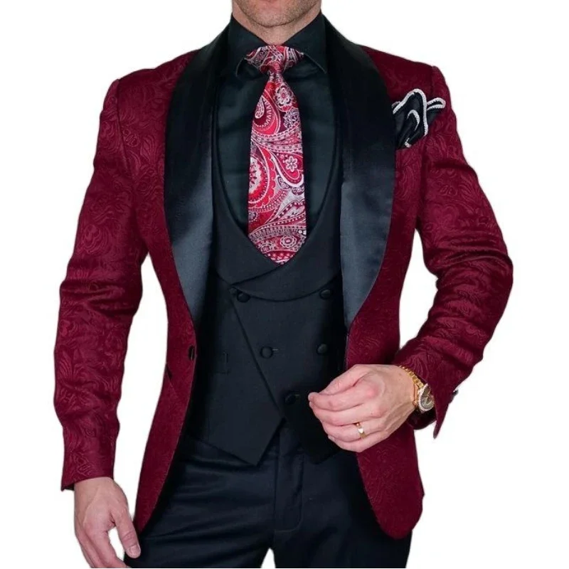 

Men Suits 3 Pieces Burgundy Jacquard Fabric Business Slim Fit Wedding Groom Party Banquet Tuxedo Jacket Vest With Pants