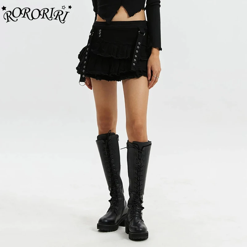 

RORORIRI Belted Denim Mini Skirt for Women Stretch Punk Gothic Black Raw Edge Low Waist Pleated Skirt Vintage Y2k Short Bottoms