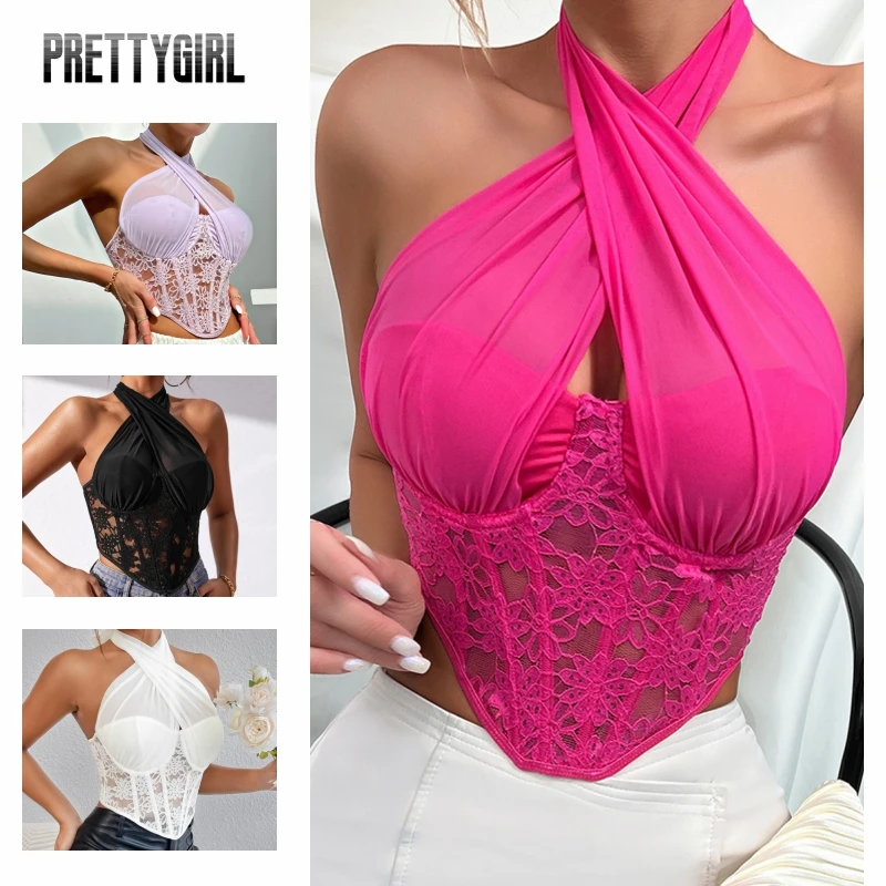 

Women's Mesh Criss Cross Bow Halter Corset Wrap Tie Knot Crop Halter Top Backless Sleeveless Sexy Lace Camis