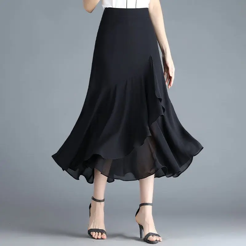 

Summer 2023 New Fashion Ruffles Black High Waist Mid Length Skirt Women Clothes Temperament Irregular Slim Fishtail Skirt Femme