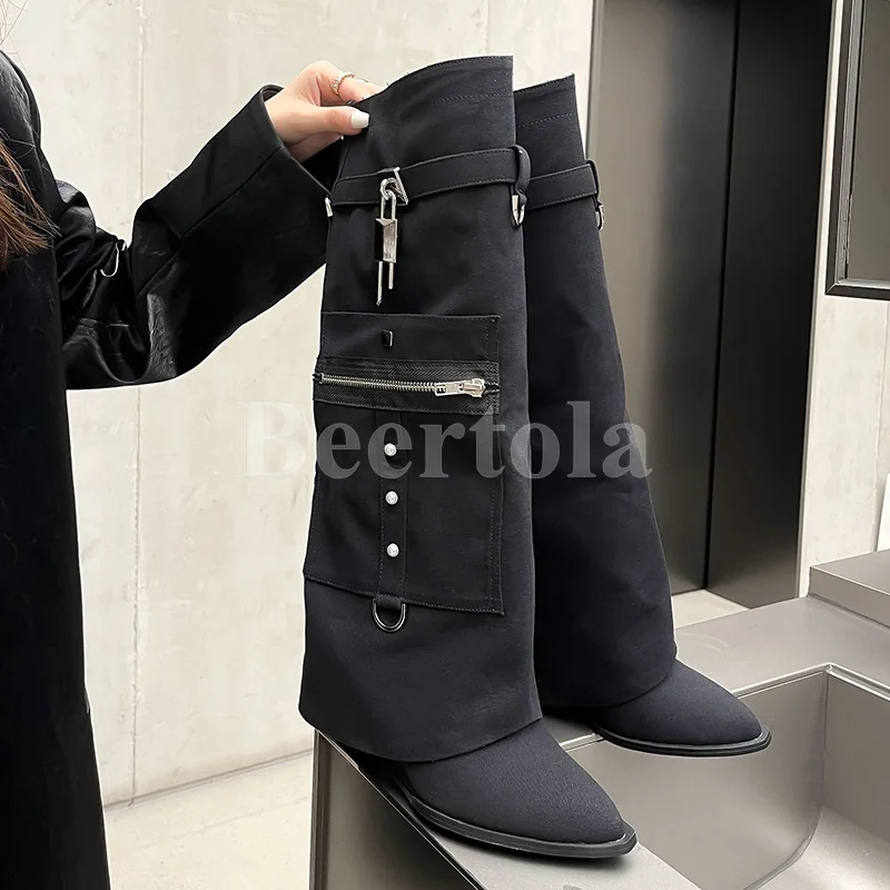 New Wedge Heel Denim Knee High Boots Metal Lock Large Side Pocket Zip Decor Trouser Boots Woman Autumn Winter Tall Pull-On Shoes
New Wedge Heel Denim Knee High Boots Metal Lock Large Side Pocket Zip Decor Trouser Boots Woman Autumn Winter Tall Pull-On Shoes