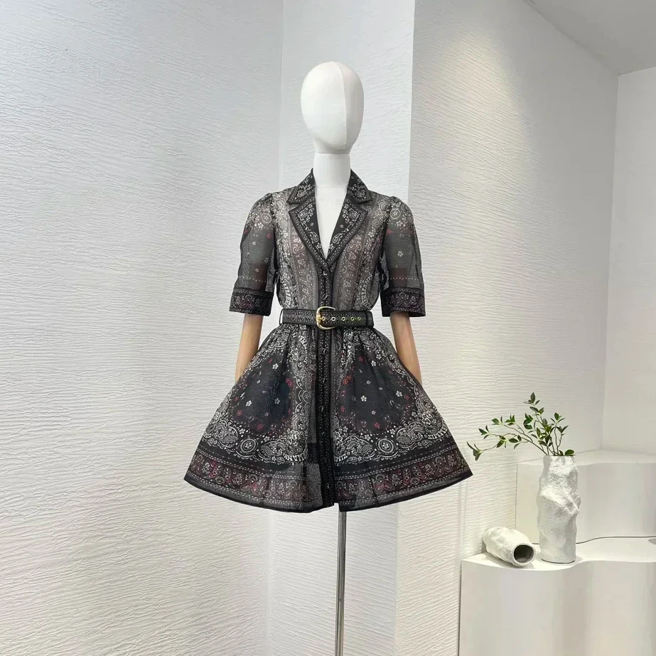 

2024 New Collection Silk Linen Black Paisley Print Vintage Short Sleeve Belted A-line Beige Women Mini Dress Bodycon Dress